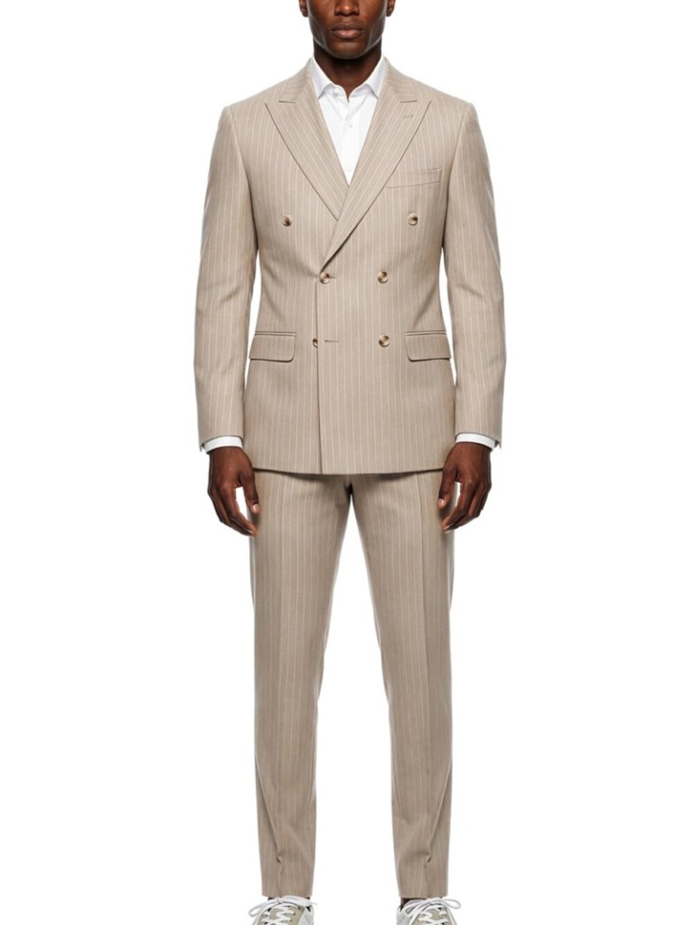 Premium Tan Pinstripe Double Breasted Peak Lapel Stacy Adams Men's Suit